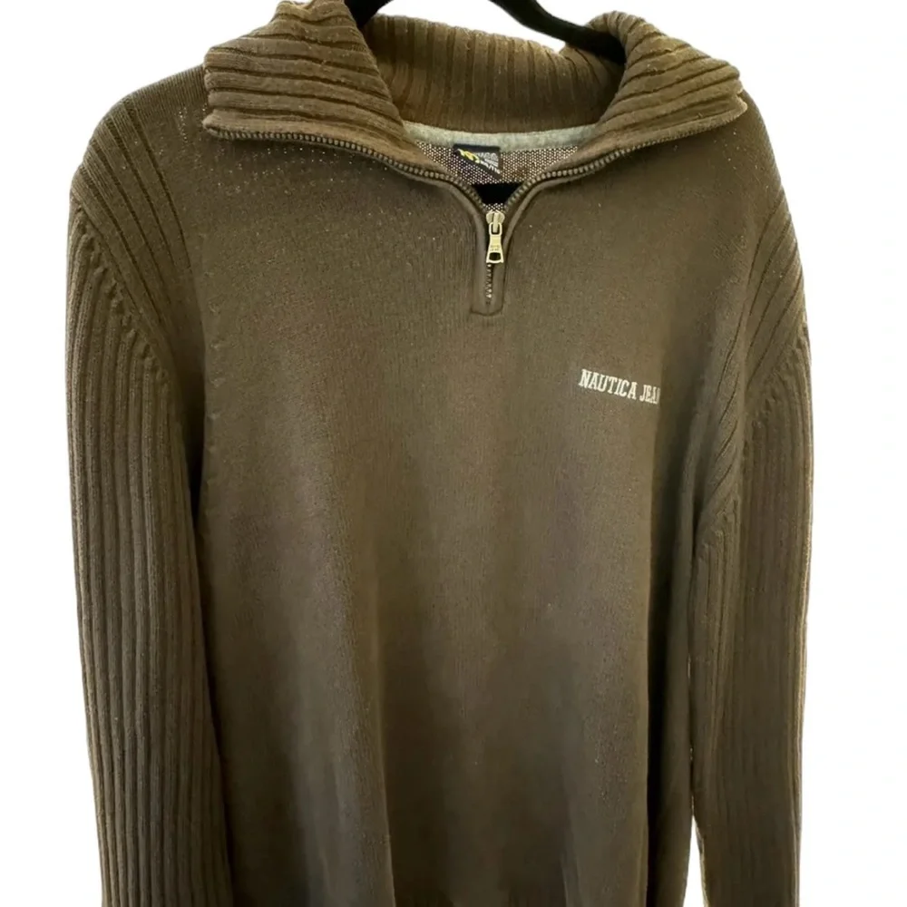 Nautica Jeans Co Brown 1/4 Zip Sweater Cotton XXL Logo Men‎ Ribbed VTG